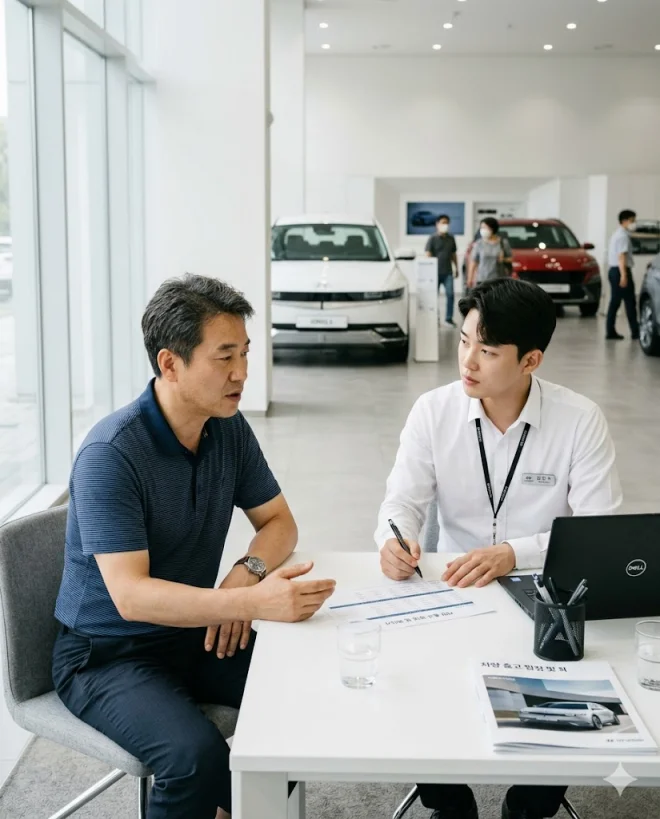  자동차 영업소에서 출고 일정을 상담하는 모습