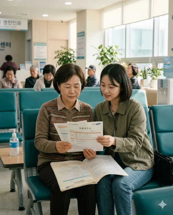 중입자치료 실비보험 청구 준비하는 환자와 보호자