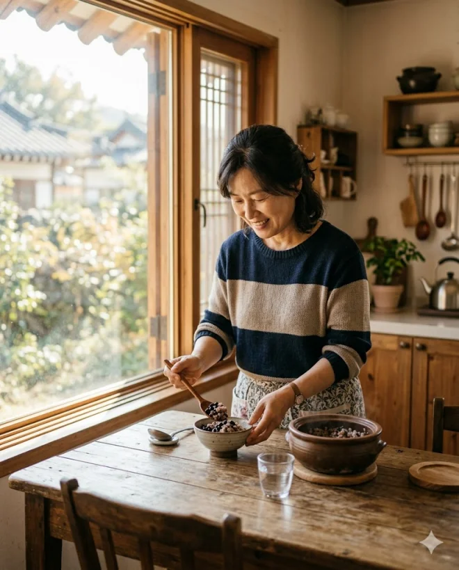 50대 여성이 콩밥을 준비하는 아침 식탁 모습