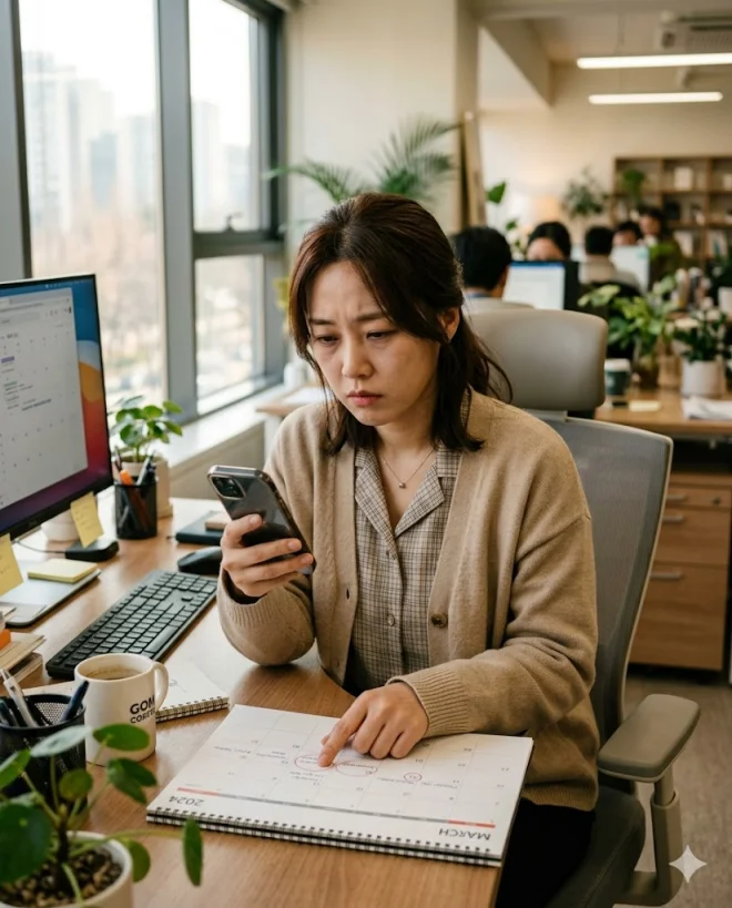 아파도 출근 고민하는 직장인 모습
