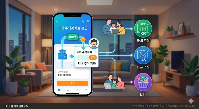 한국의 현대적인 거실을 배경으로 부모의 스마트폰에서 자녀의 주식계좌 앱 화면으로 자금이 이동하며 국내주식, 미국주식, ETF 아이콘으로 분산되는 과정을 담은 금융 인포그래픽.