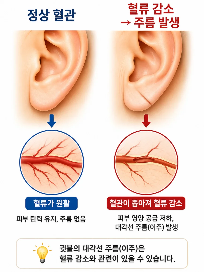 귓불 모세혈관 혈류 감소 주름 생성 원리 의학 일러스트