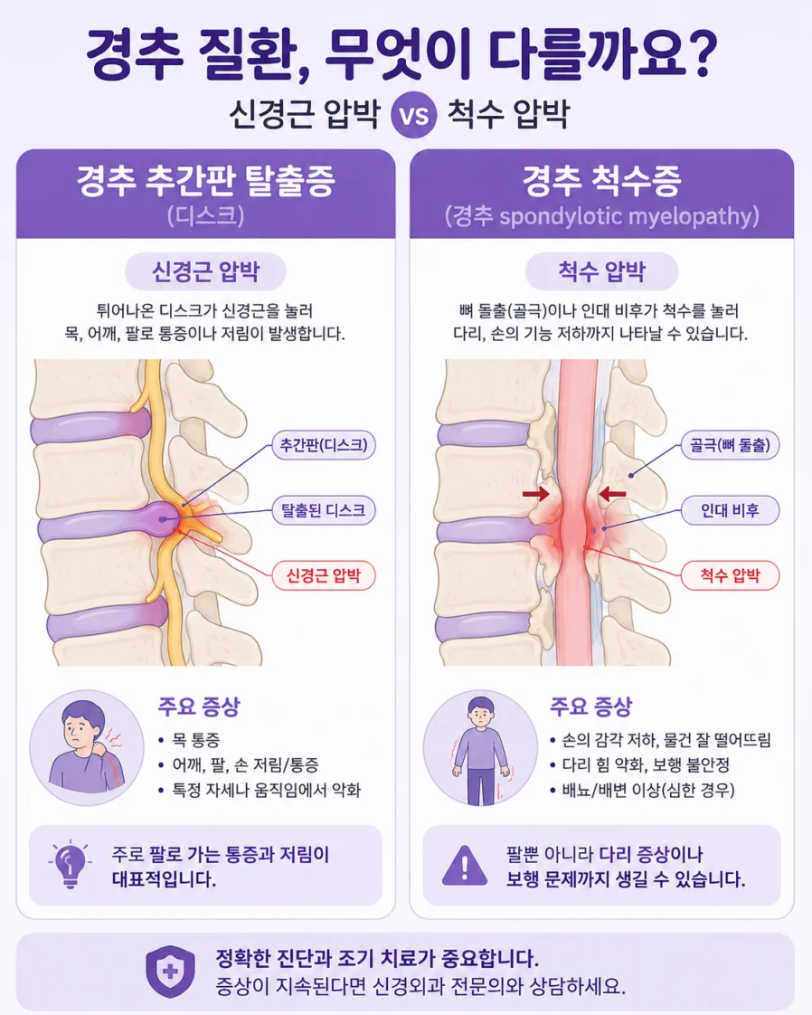 목디스크와 경추척수증 비교 인포그래픽