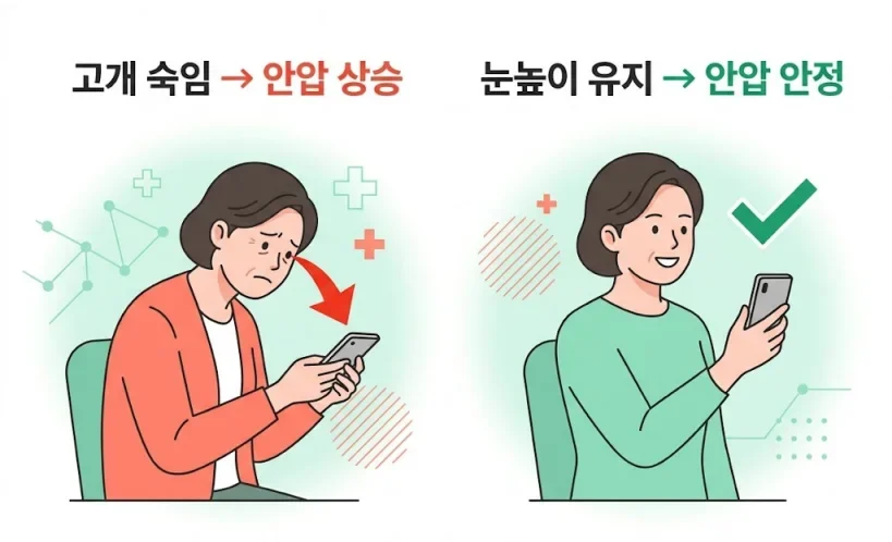 스마트폰 사용 자세와 안압 상승 관계 인포그래픽
