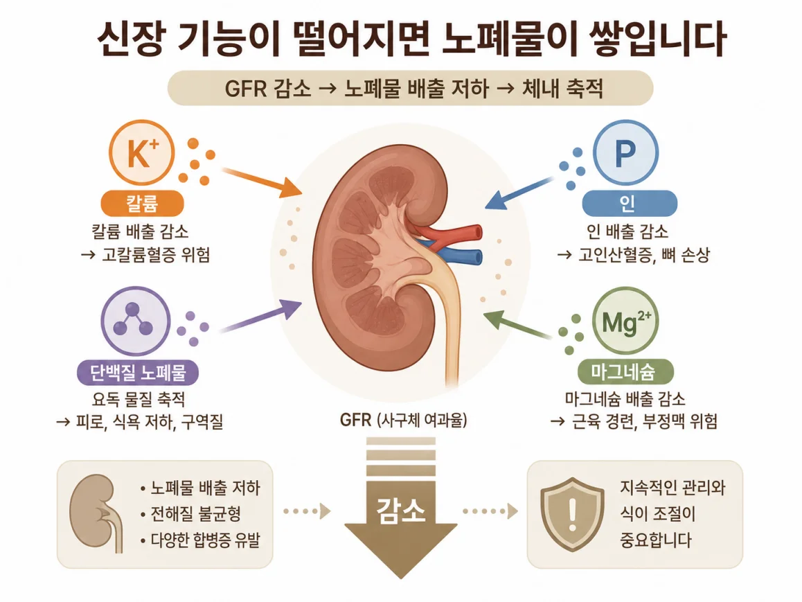 단백질 과잉 섭취 시 신장에 부담이 쌓이는 과정 일러스트