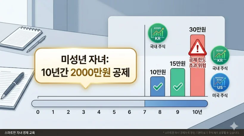 10년 주기와 미성년자 공제 한도 2000만 원을 직관적인 그래프와 저금통 아이콘으로 표현한 세법 정보 다이어그램.