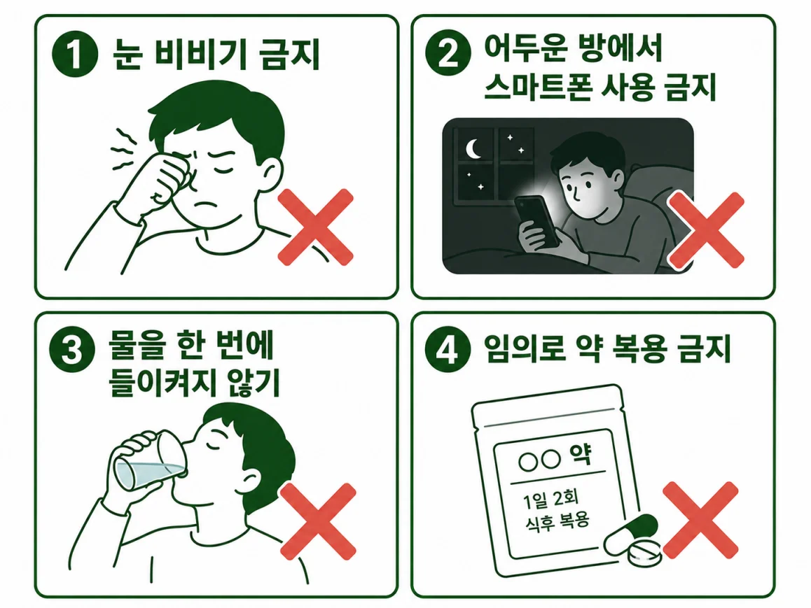급성 녹내장 발생 시 절대 하면 안 되는 금기 행동 4가지 일러스트