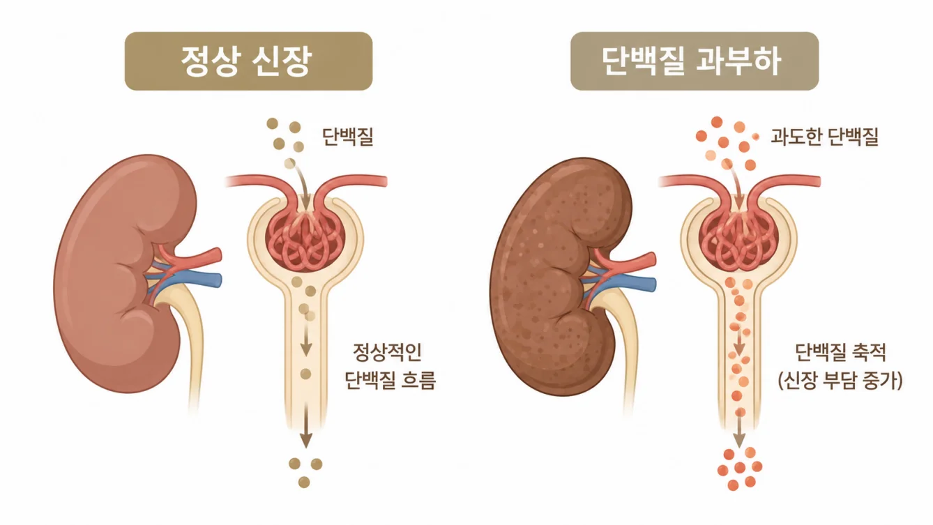 단백질 과잉 섭취 시 신장에 부담이 쌓이는 과정 일러스트