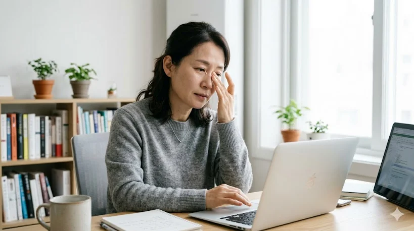 안압 높은 증상으로 눈 주변 통증 느끼는 40대 여성