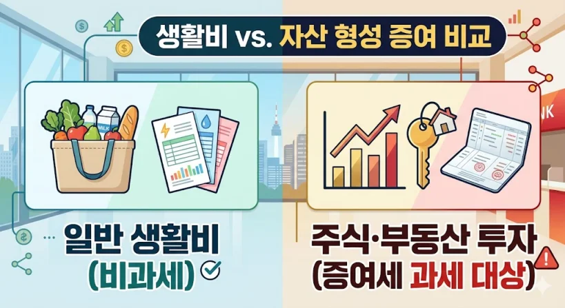 단순 생활비 지원과 주식 투자나 부동산 계약금 등 자산 형성 목적의 증여 차이를 비교하여 보여주는 인포그래픽.