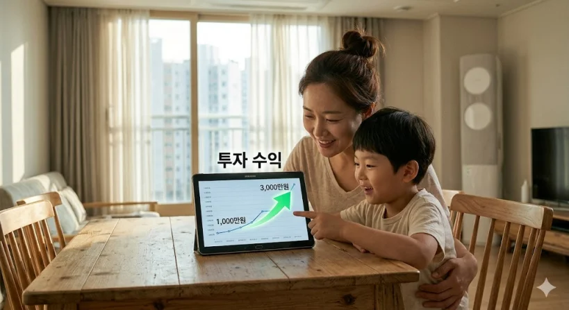 따뜻한 햇살이 들어오는 한국 가정이 보이는 방 안에서 부모와 아이가 함께 태블릿PC로 크게 상승한 주식 우상향 그래프를 바라보며 미소 짓고 있는 모습.