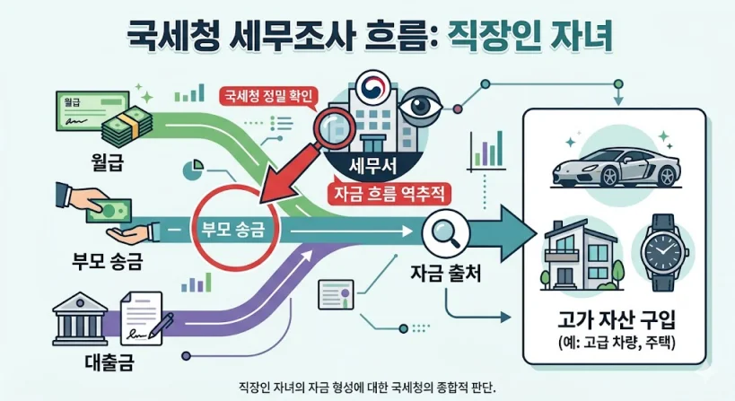 직장인 자녀가 급여 소득 외에 부모 송금이나 대출금으로 고가 자산을 구입할 때 국세청의 자금 출처 및 자금 흐름 역추적 세무조사 과정을 나타낸 다이어그램