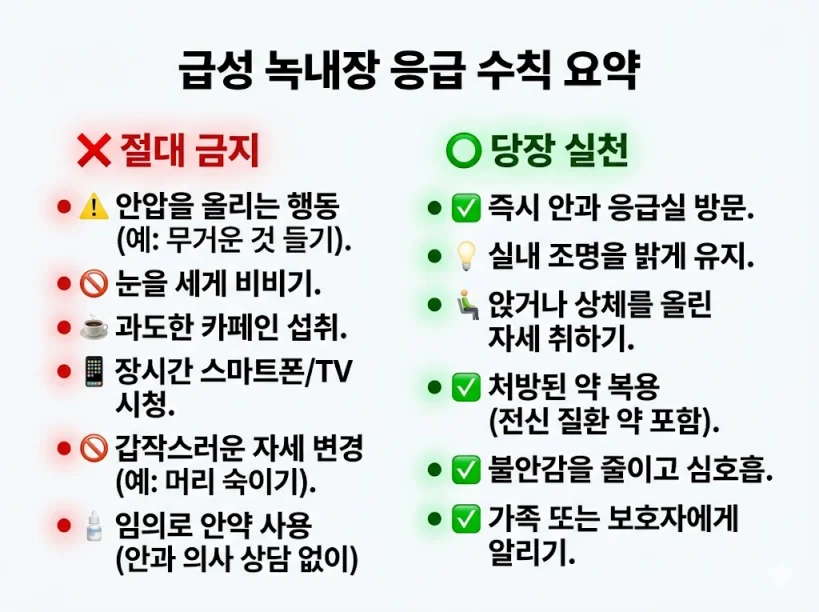 급성 녹내장 응급 시 절대 금지 행동과 즉시 실천 수칙 요약 인포그래픽