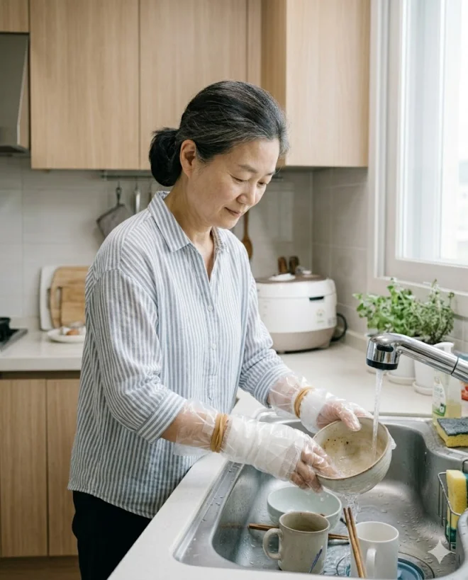 손목터널증후군 수술 후 방수 밴드 비닐장갑 회복 실사 이미지