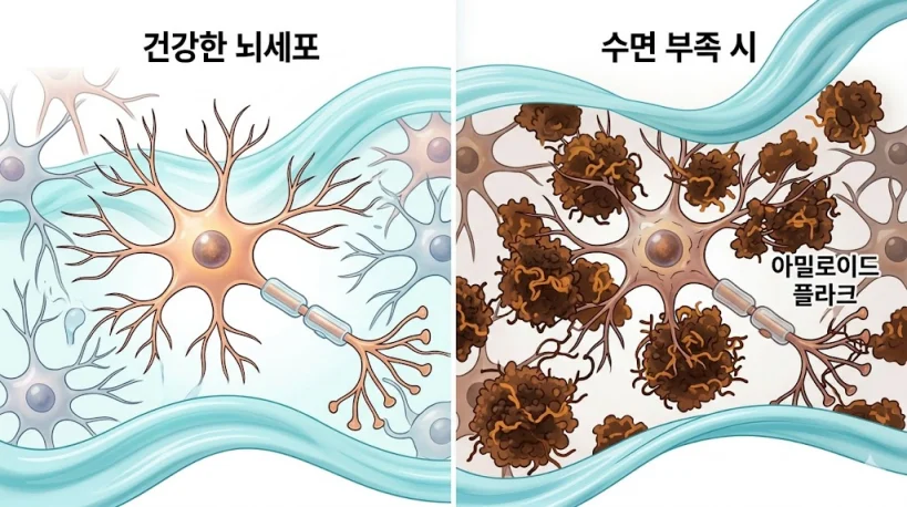 수면 부족 시 뇌세포에 베타 아밀로이드 플라크 축적 의학 일러스트