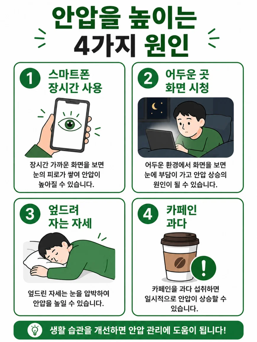 안압 높아지는 원인 스마트폰 수면 카페인 생활습관 일러스트