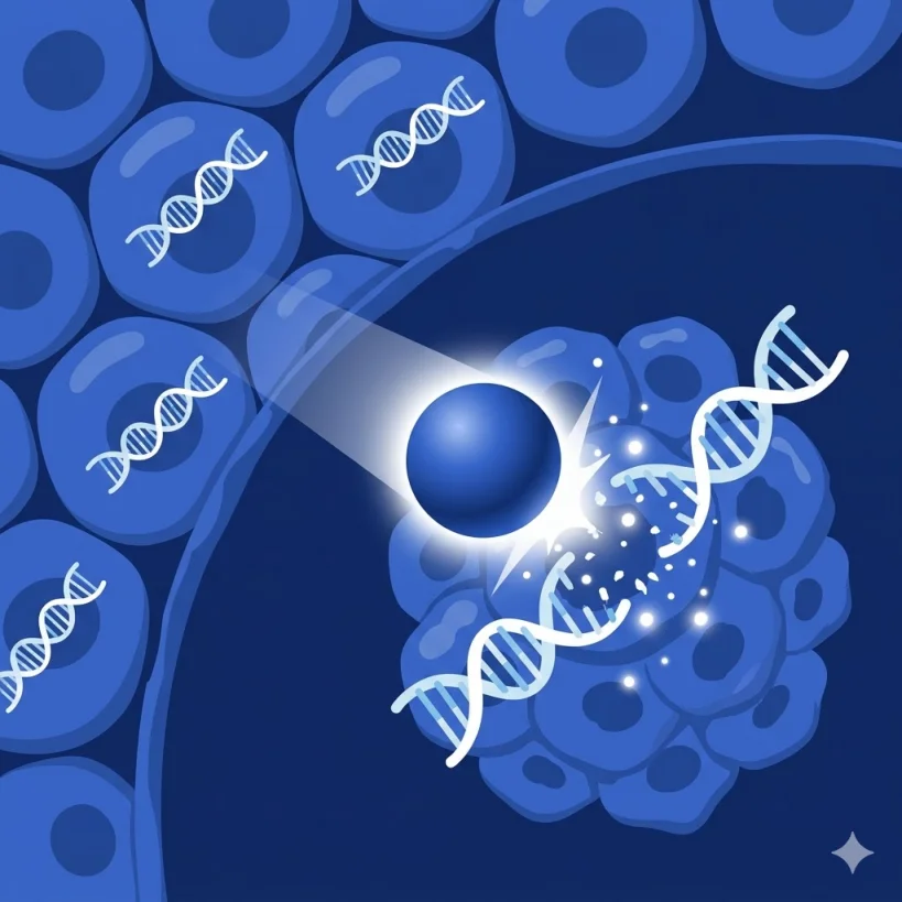 중입자치료 탄소 이온 암세포 DNA 손상 의학 일러스트