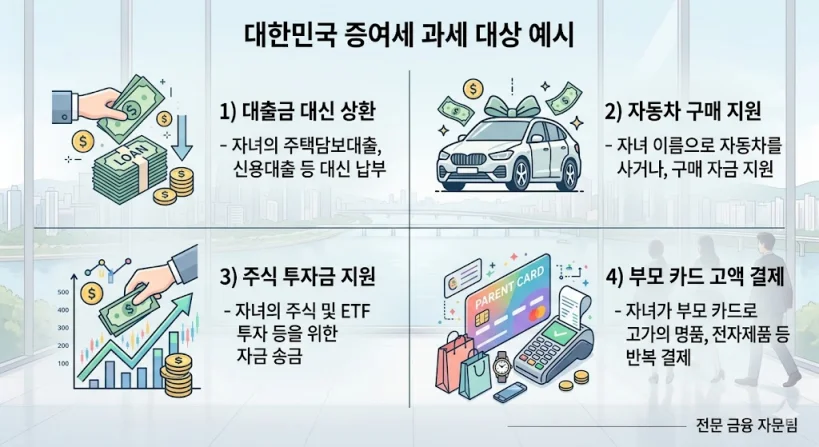 부모가 자녀의 대출을 대신 상환하거나 자동차 구입, 투자금 지원, 카드 대금 결제를 해줄 때 증여세가 발생할 수 있음을 나타낸 4분할 다이어그램.