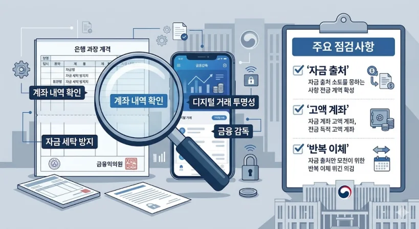 돋보기 아이콘과 체크리스트를 활용하여 미성년자 고액 계좌 및 반복적인 자금 이동 등 국세청 중점 확인 기준을 시각화한 일러스트.