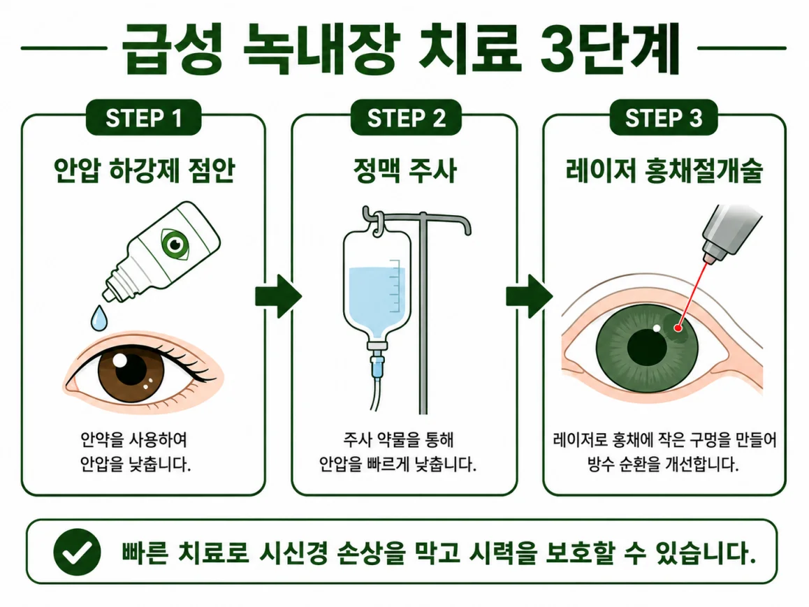 급성 녹내장 응급 치료 3단계 과정 의학 일러스트