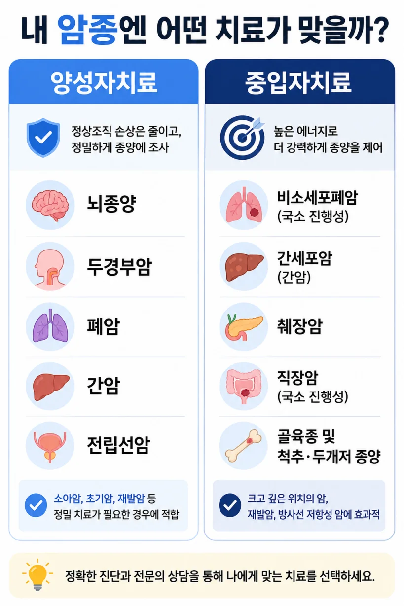 암종별 중입자치료 양성자치료 선택 기준 인포그래픽