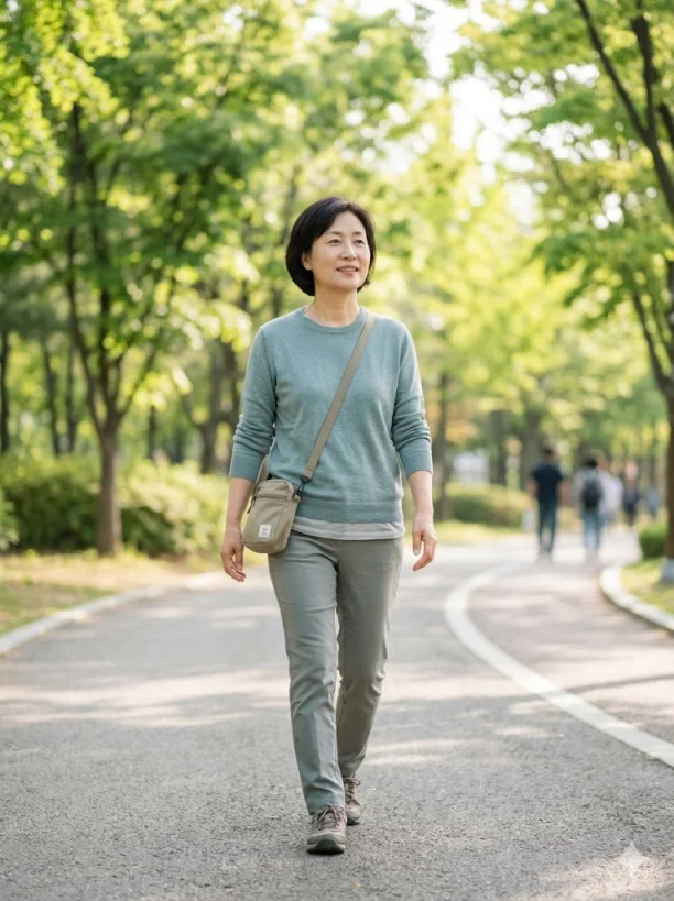오전 햇볕 받으며 산책하는 중년 한국 여성 실사 사진