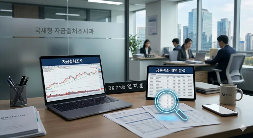 국세청이 자녀의 소득과 소비 규모, 금융계좌 입출금 내역을 종합적으로 분석하여 증여 여부를 확인하는 과정을 표현한 실사풍 이미지.