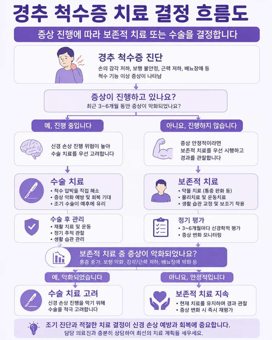 경추척수증 보존치료와 수술 결정 흐름도