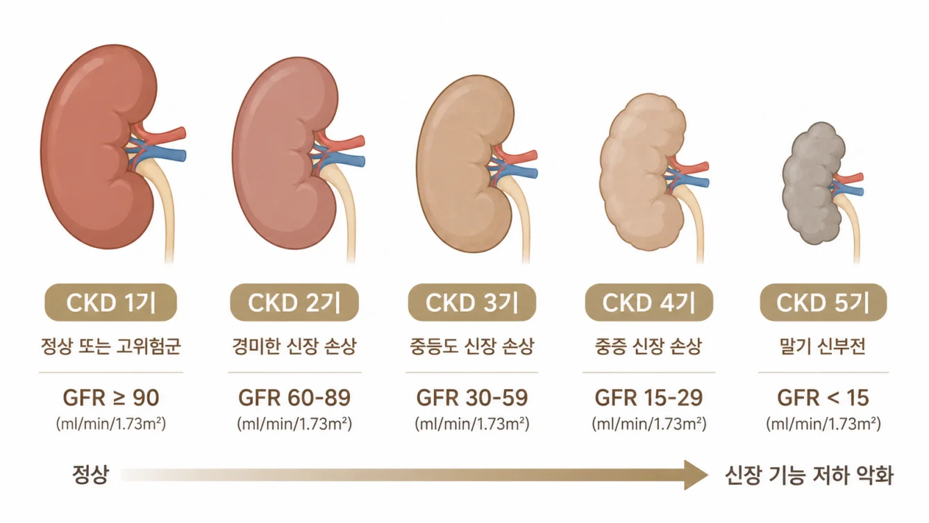 만성콩팥병 CKD 1기부터 5기까지 단계별 신장 기능 변화 일러스트