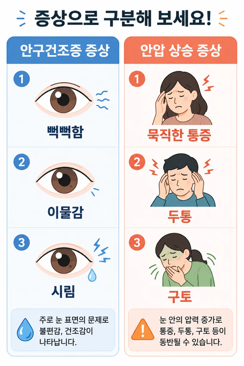 안구건조증 증상 vs 안압 상승 증상 비교 일러스트