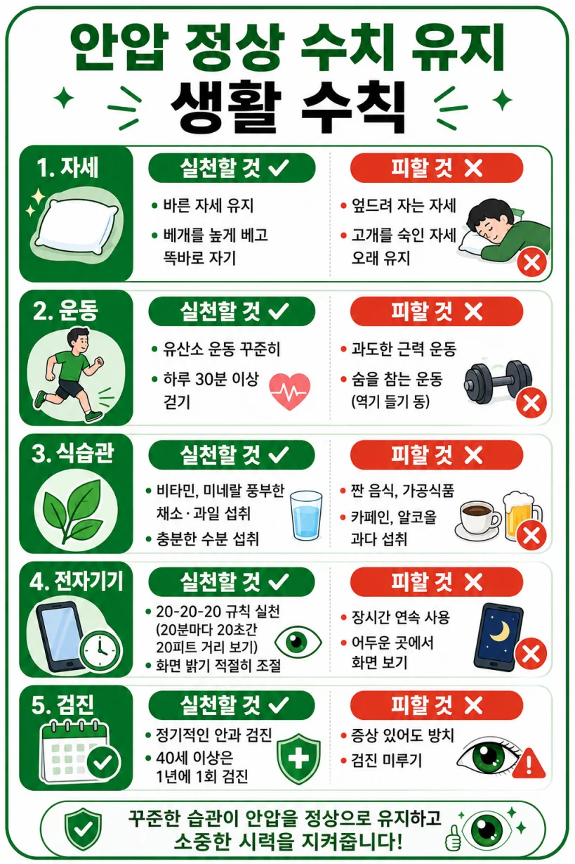 안압 정상 수치 유지 생활수칙 자세 운동 식습관 전자기기 검진