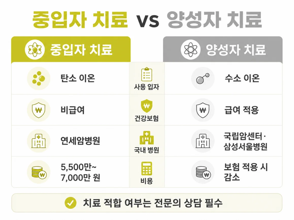 중입자 치료 양성자 치료 차이 비교 인포그래픽