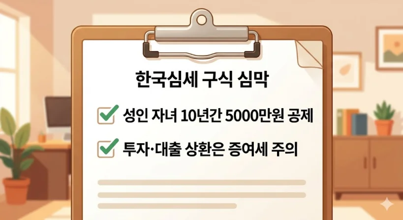 성인 자녀 10년 5천만 원 공제 한도 및 목적별 증여세 과세 여부 핵심 포인트를 최종 요약한 체크리스트 형태의 인포그래픽.