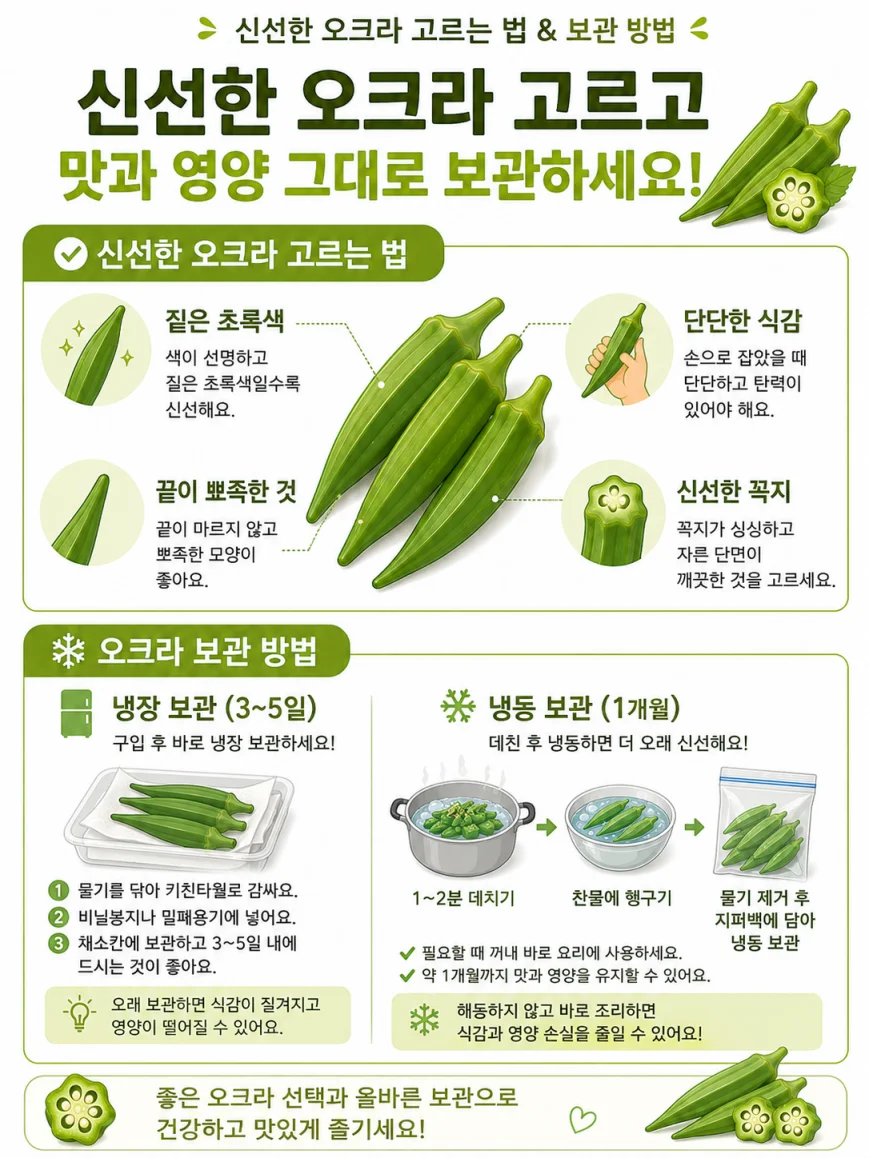 신선한 오크라 고르는 법 보관법 한글 안내 인포그래픽