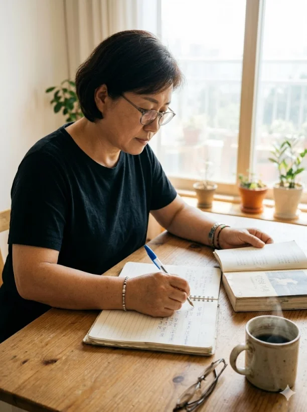 책 읽으며 노트 정리하는 중장년 한국인 여성 실사 사진