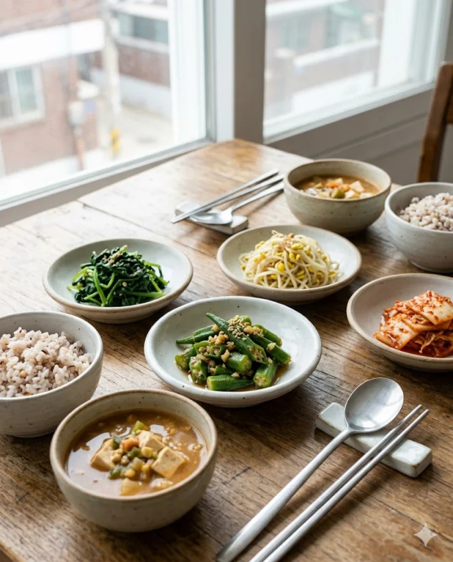 오크라 반찬 샐러드 한국 가정식 밥상 위에 오른 오크라 요리 실사