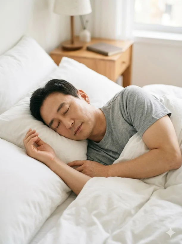 규칙적인 수면 습관으로 건강한 뇌를 유지하는 중년 한국인 실사 사진