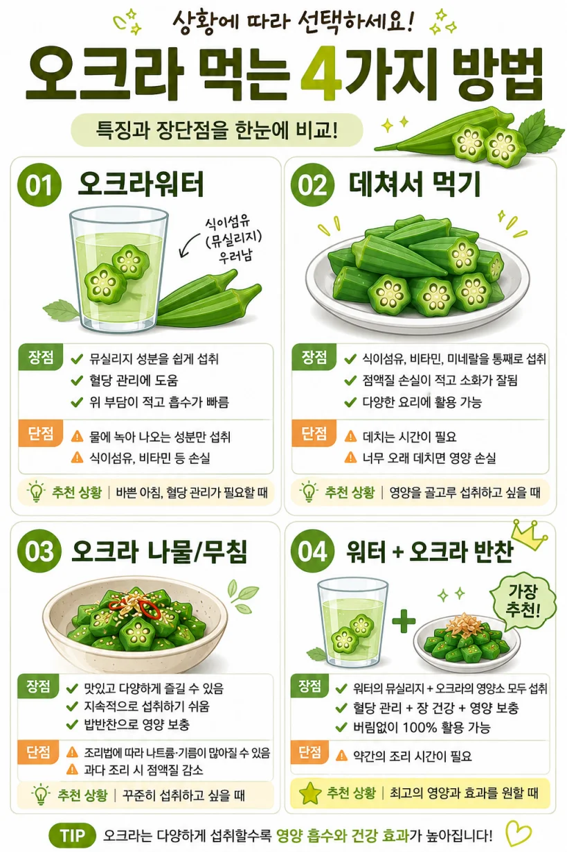 오크라 먹는 방법 비교 워터 데치기 무침 볶음 한글 비교 일러스트