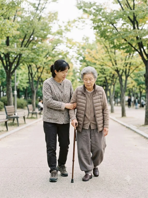 걷는 속도가 느려진 부모님과 함께 천천히 걷는 자녀의 모습