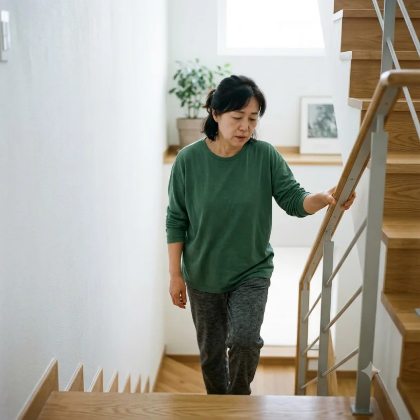 계단을 오르며 다리에 힘이 없어 힘들어하는 중년 여성