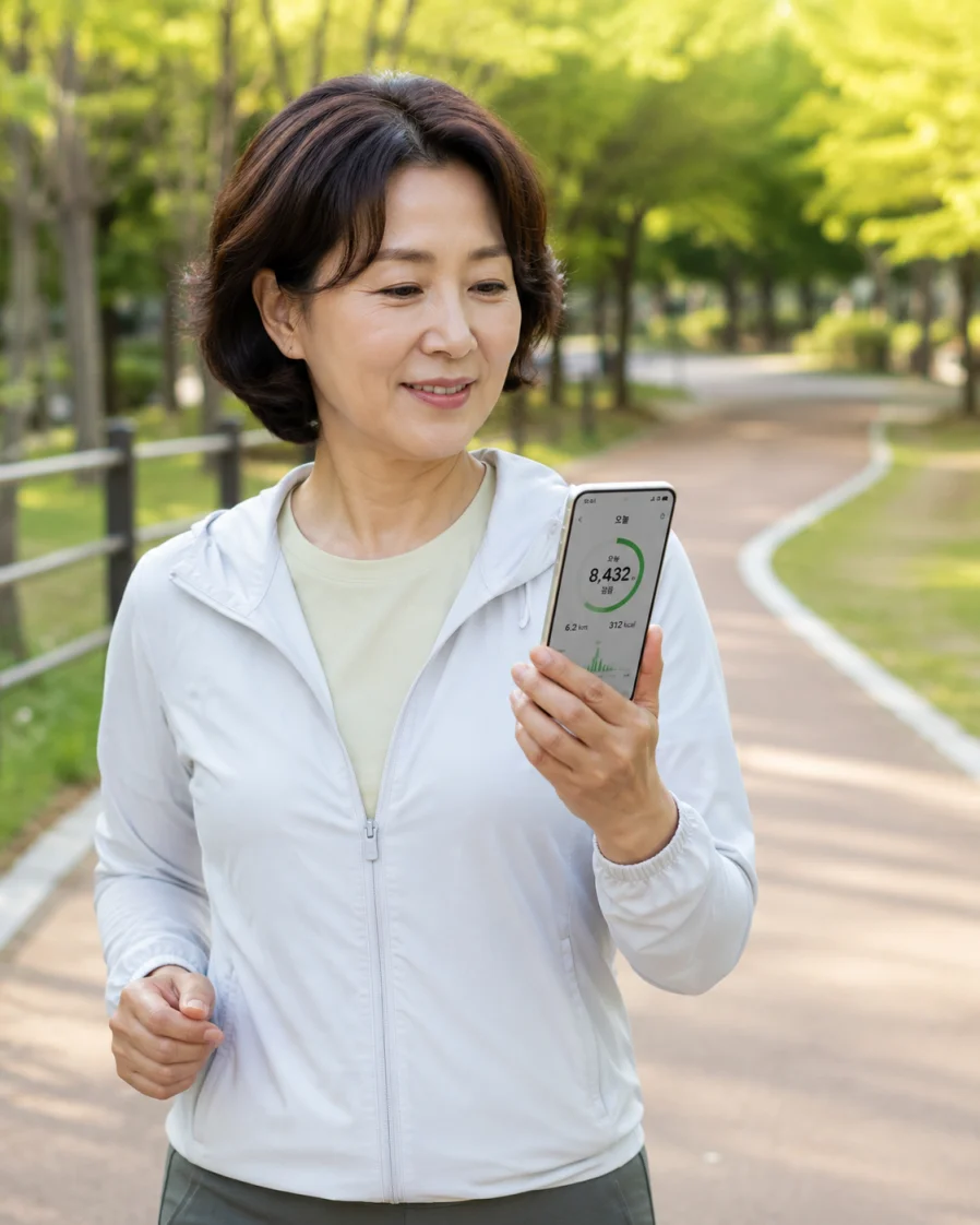 만보기를 확인하며 걷고 있는 중년의 모습