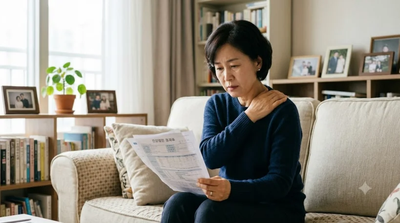 건강검진 결과표를 보듯 어깨 통증으로 걱정하는 모습