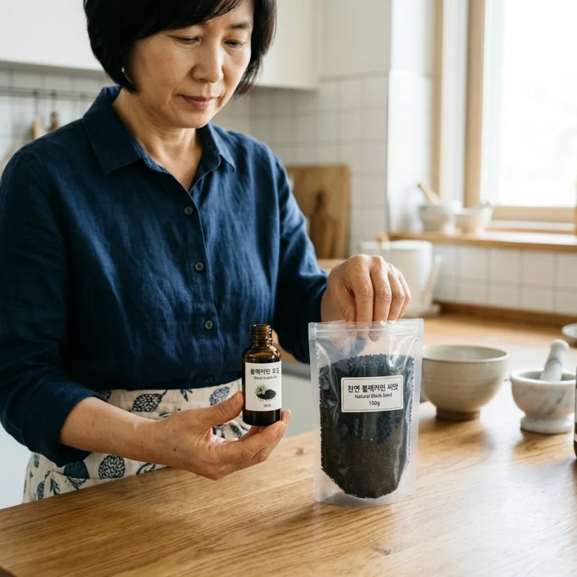 블랙커민 오일과 씨앗 제품을 비교하는 손