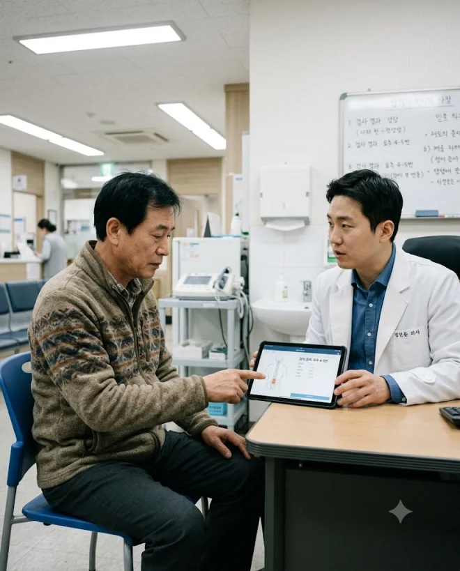 병원에서 의사와 진료 상담을 받는 중년 남성의 모습