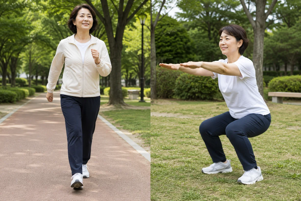 빠른 걷기와 맨몸 근력운동을 함께 하는 중년의 모습