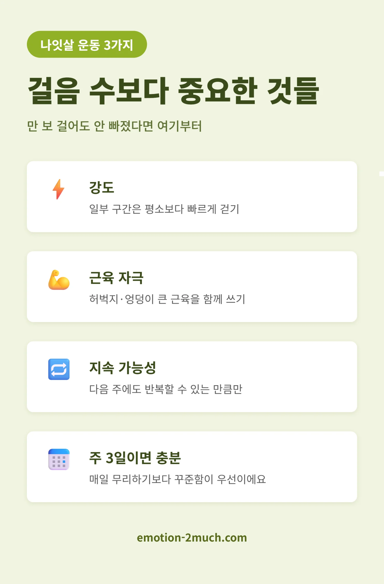 걸음 수보다 중요한 나잇살 운동 3가지 핵심 요약 인포그래픽