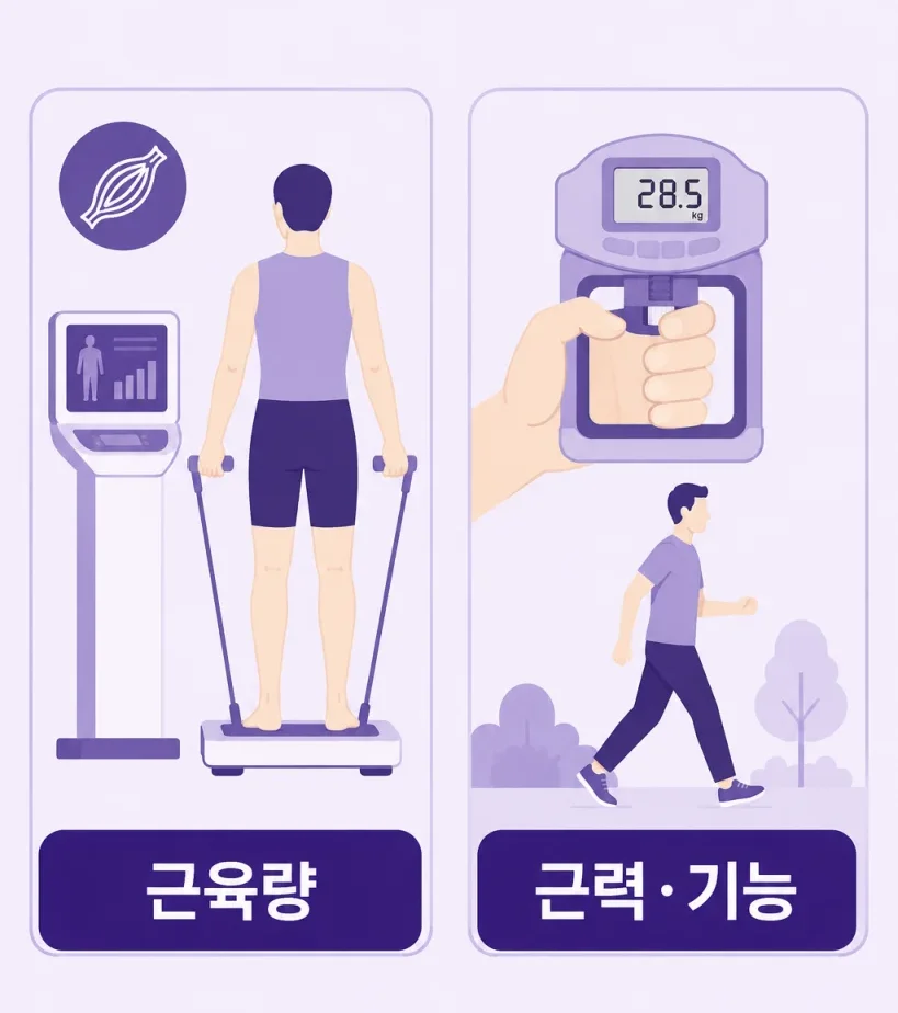 근육량 감소와 근력 기능 저하의 개념 차이를 표현한 일러스트