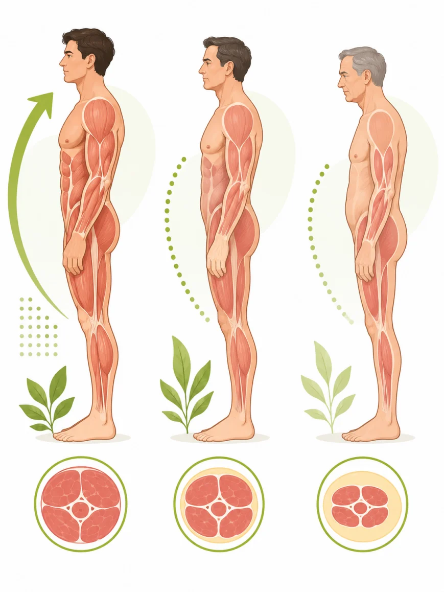 나이대별 근육량 변화를 표현한 의학 일러스트