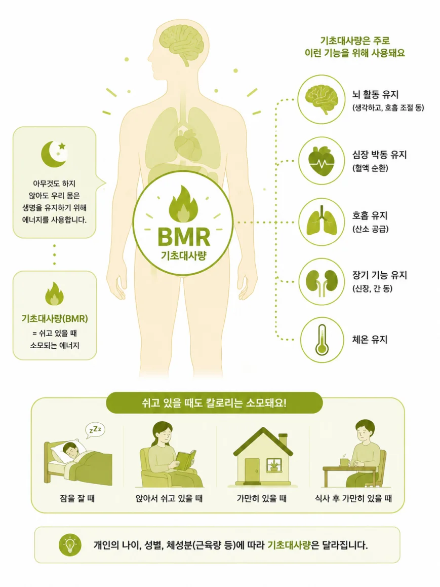 기초대사량 개념을 설명하는 의학 일러스트