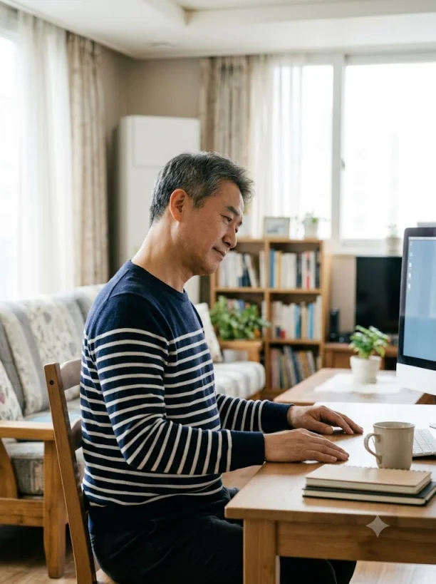 목을 움직이며 통증 변화를 확인하는 모습